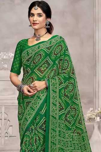 green chiffon bandhani geometric printed saree with blouse 