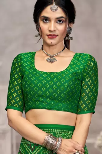 green chiffon bandhani geometric printed saree with blouse 