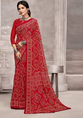 red chiffon bandhani geometric printed saree with blouse  1
