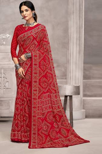 red chiffon bandhani geometric printed saree with blouse 