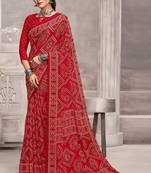 red chiffon bandhani geometric printed saree with blouse 