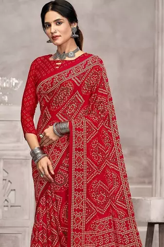 red chiffon bandhani geometric printed saree with blouse 