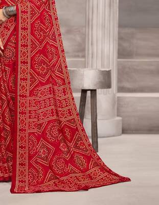 red chiffon bandhani geometric printed saree with blouse  3