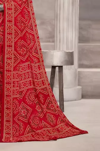 red chiffon bandhani geometric printed saree with blouse 