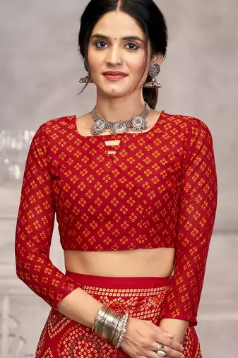 red chiffon bandhani geometric printed saree with blouse 