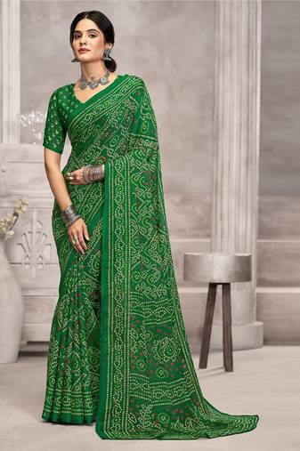 green chiffon bandhani geometric printed saree with blouse 