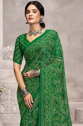 green chiffon bandhani geometric printed saree with blouse 