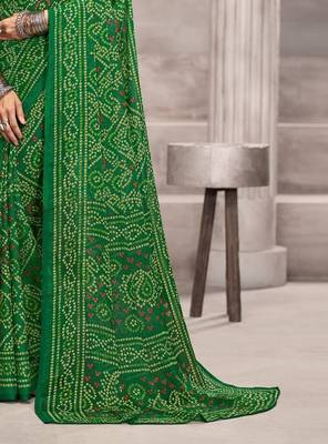 green chiffon bandhani geometric printed saree with blouse  3