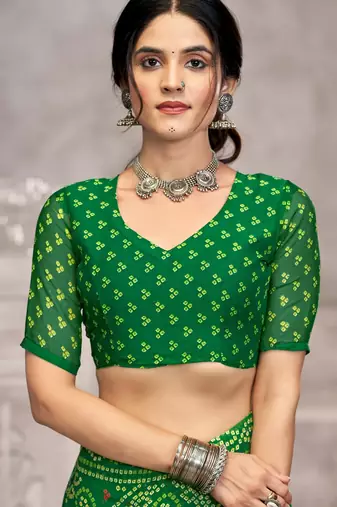 green chiffon bandhani geometric printed saree with blouse 