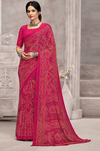 pink chiffon bandhani geometric printed saree with blouse 