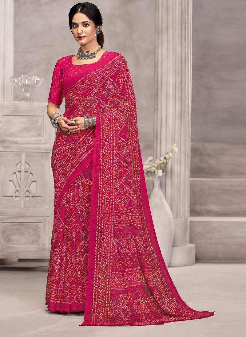 pink chiffon bandhani geometric printed saree with blouse 