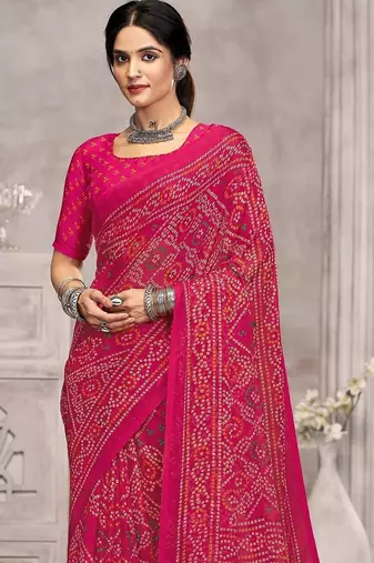 pink chiffon bandhani geometric printed saree with blouse 