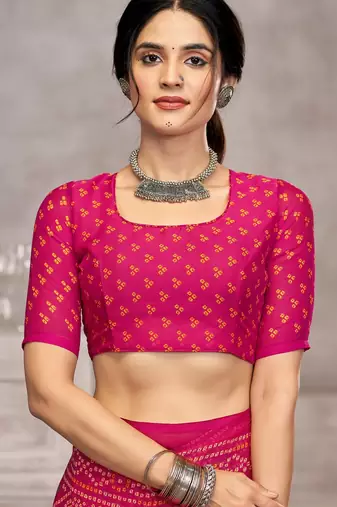 pink chiffon bandhani geometric printed saree with blouse 
