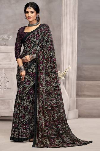 black chiffon bandhani geometric printed saree with blouse 