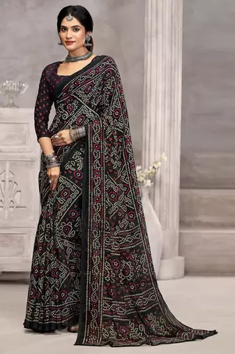 black chiffon bandhani geometric printed saree with blouse 