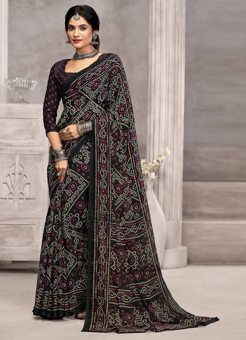 black chiffon bandhani geometric printed saree with blouse 