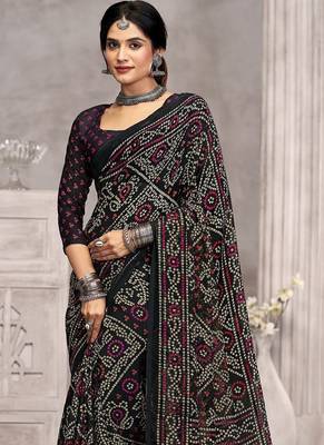 black chiffon bandhani geometric printed saree with blouse  2