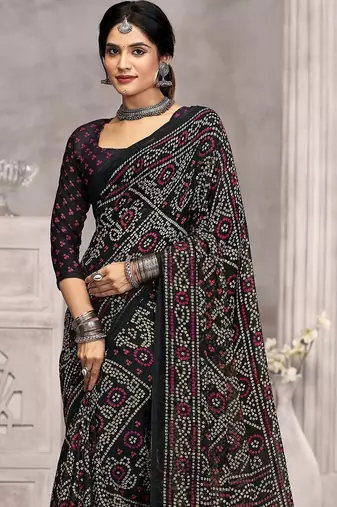 black chiffon bandhani geometric printed saree with blouse 
