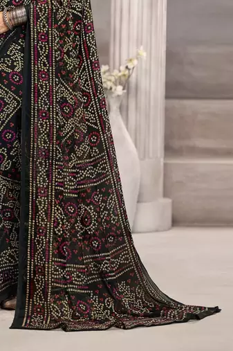 black chiffon bandhani geometric printed saree with blouse 