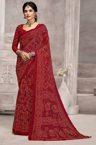 maroon chiffon bandhani geometric printed saree with blouse 