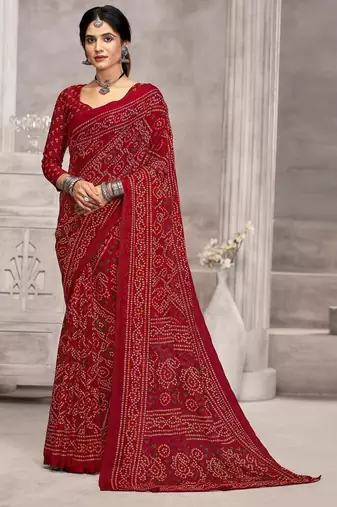 maroon chiffon bandhani geometric printed saree with blouse 
