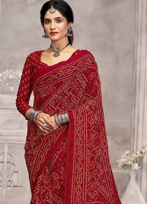 maroon chiffon bandhani geometric printed saree with blouse  2