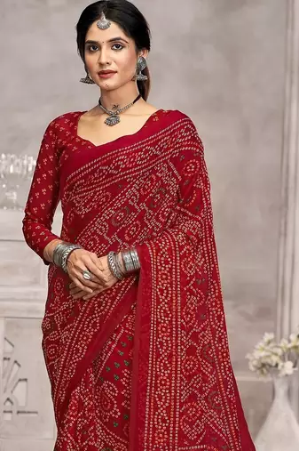 maroon chiffon bandhani geometric printed saree with blouse 