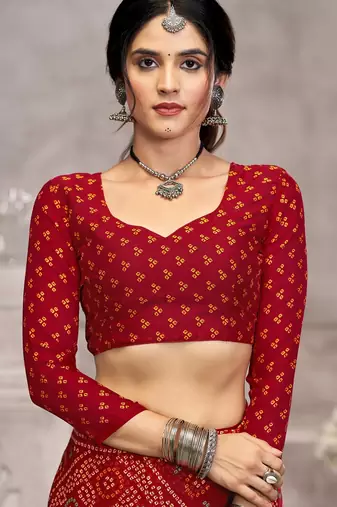 maroon chiffon bandhani geometric printed saree with blouse 