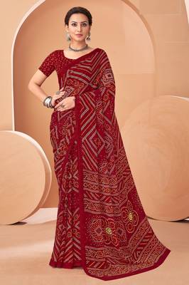 maroon chiffon bandhani geometric printed saree with blouse  1