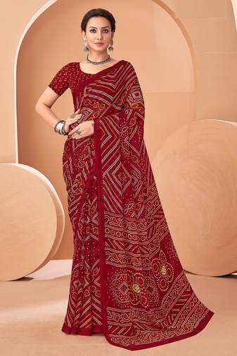 maroon chiffon bandhani geometric printed saree with blouse 