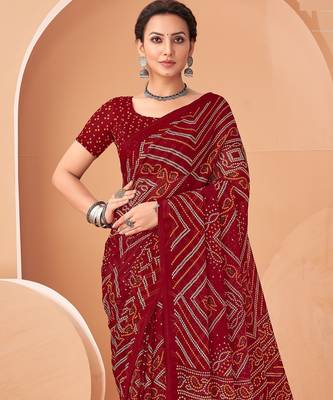 maroon chiffon bandhani geometric printed saree with blouse  2