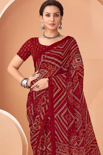 maroon chiffon bandhani geometric printed saree with blouse 