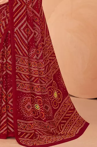 maroon chiffon bandhani geometric printed saree with blouse 