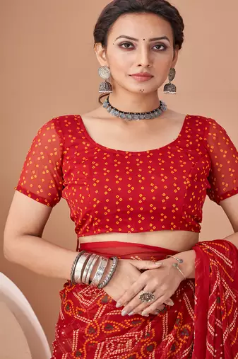 maroon chiffon bandhani geometric printed saree with blouse 