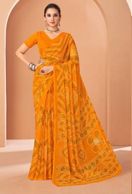 yellow chiffon bandhani geometric printed saree with blouse  1