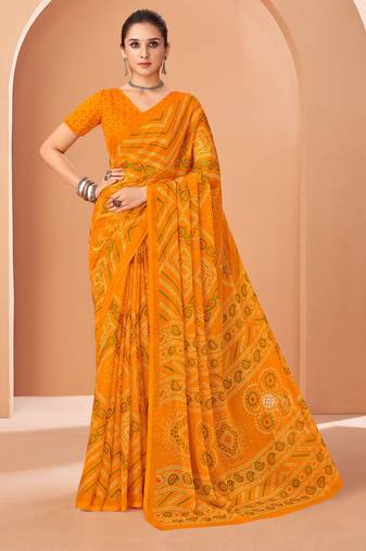 yellow chiffon bandhani geometric printed saree with blouse 