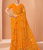 yellow chiffon bandhani geometric printed saree with blouse 