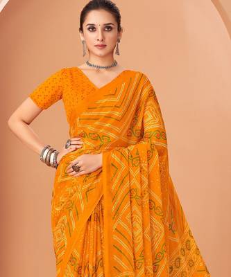 yellow chiffon bandhani geometric printed saree with blouse  2