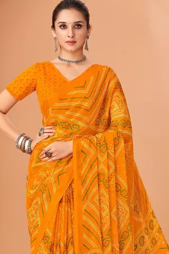 yellow chiffon bandhani geometric printed saree with blouse 