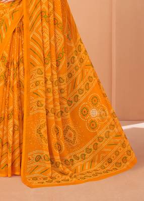 yellow chiffon bandhani geometric printed saree with blouse  3