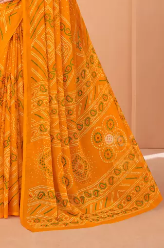 yellow chiffon bandhani geometric printed saree with blouse 