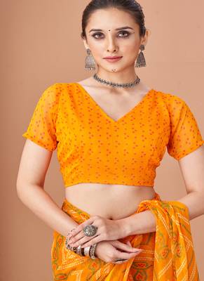 yellow chiffon bandhani geometric printed saree with blouse  4