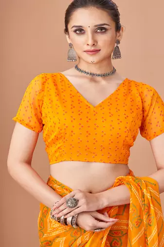 yellow chiffon bandhani geometric printed saree with blouse 