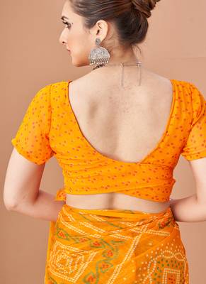 yellow chiffon bandhani geometric printed saree with blouse  5
