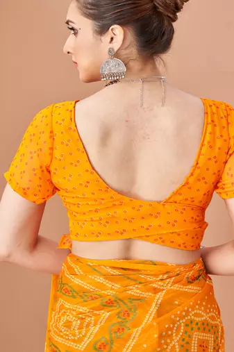 yellow chiffon bandhani geometric printed saree with blouse 