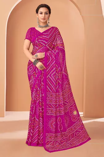magenta chiffon bandhani geometric printed saree with blouse 
