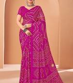 magenta chiffon bandhani geometric printed saree with blouse 
