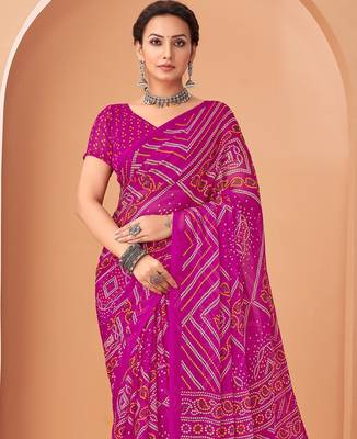 magenta chiffon bandhani geometric printed saree with blouse  2