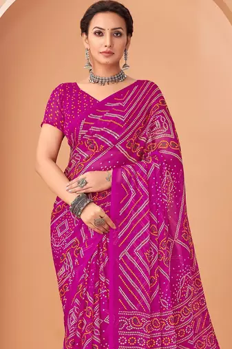 magenta chiffon bandhani geometric printed saree with blouse 