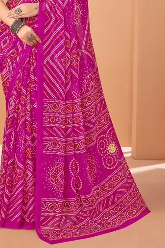 magenta chiffon bandhani geometric printed saree with blouse 
